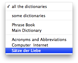 English-German Dictionary Search Pop Up Menu