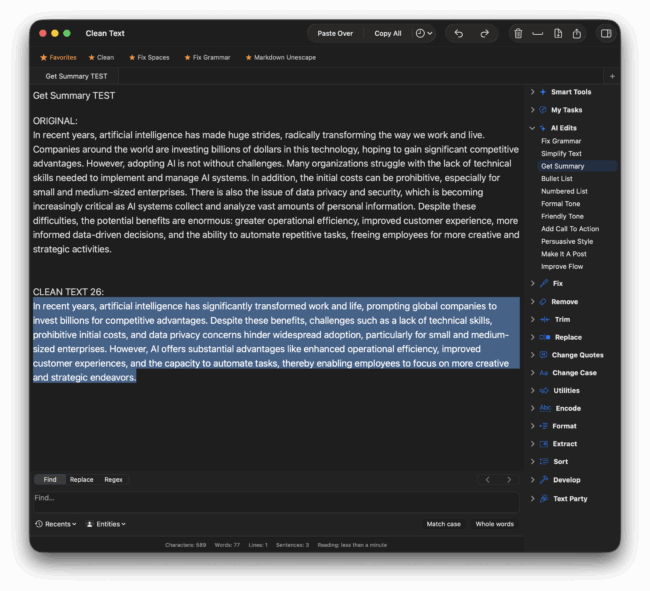 Screenshot showing the Get Summary action in Clean Text 26 generating a concise summary of a long paragraph.