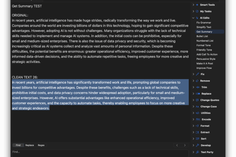 Apimac Clean Text 26 Screenshot showing the Get Summary action in Clean Text 26 generating a concise summary of a long paragraph.