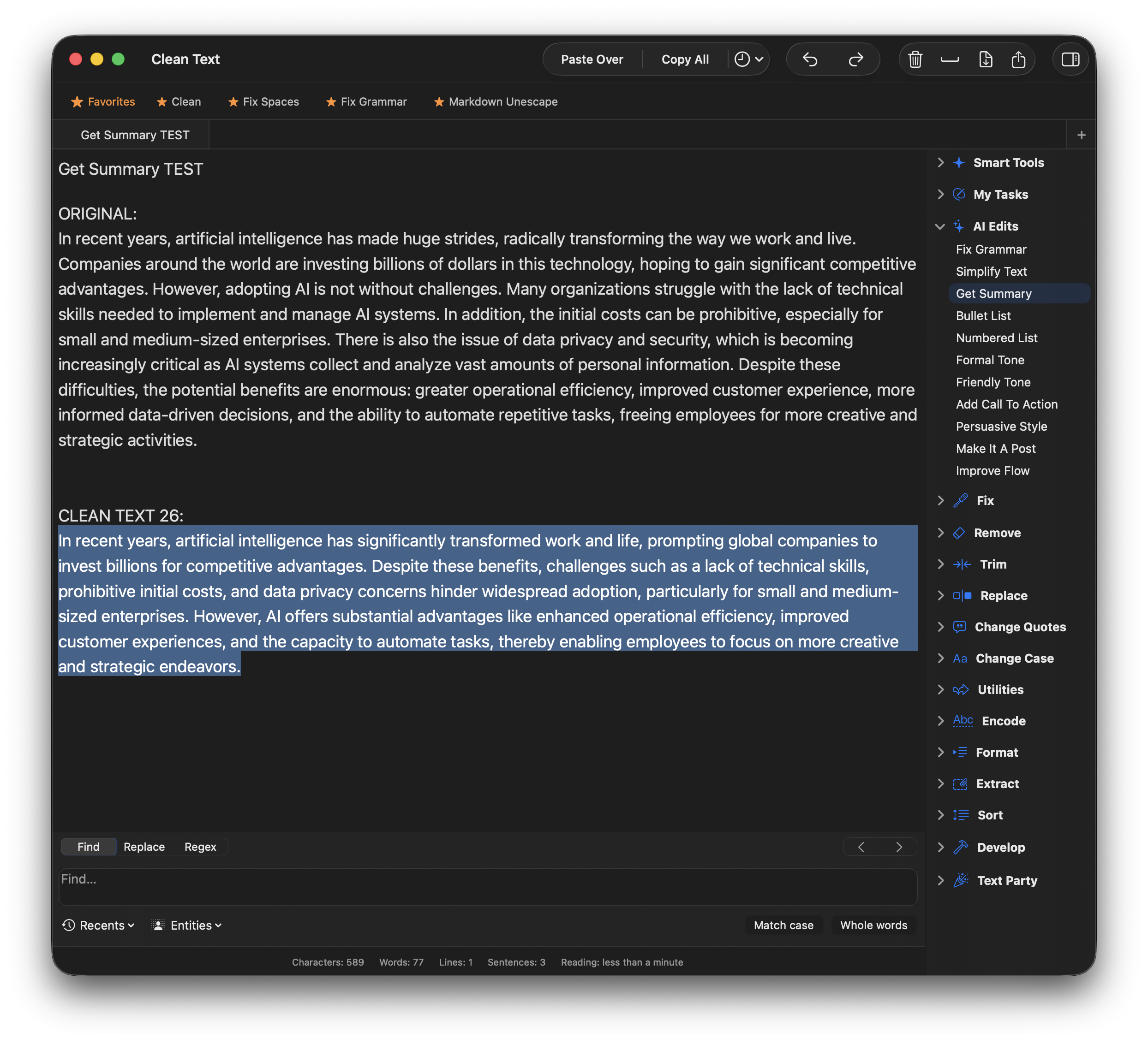 Apimac Clean Text 26 Screenshot showing the Get Summary action in Clean Text 26 generating a concise summary of a long paragraph.